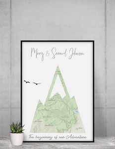 Travel Lover Gift Ideas, Custom Adventure Mountain Map, Prints of your Special Places,  Engagement Gift for Couple, 1st Anniversary Gift