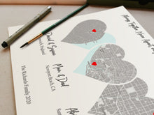 Load image into Gallery viewer, Map Print Special Places in Hearts, Map of Homes Custom Areas, Choose 1-5 Hearts/Maps