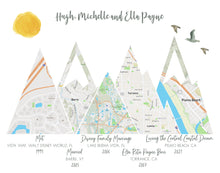 Load image into Gallery viewer, Travel Lover Gift Ideas, Custom Adventure Mountain Map, Prints of your Special Places, Engagement Gift for Couple, 1st Anniversary Gift