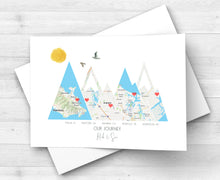 Load image into Gallery viewer, Travel Lover Gift Ideas, Custom Adventure Mountain Map, Prints of your Special Places,  Engagement Gift for Couple, 1st Anniversary Gift
