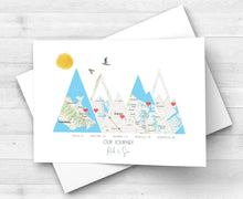 Load image into Gallery viewer, Travel Lover Gift Ideas, Custom Adventure Mountain Map, Prints of your Special Places, Engagement Gift for Couple, 1st Anniversary Gift