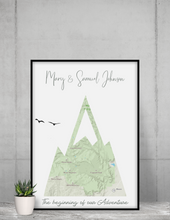Load image into Gallery viewer, Travel Lover Gift Ideas, Custom Adventure Mountain Map, Prints of your Special Places,  Engagement Gift for Couple, 1st Anniversary Gift
