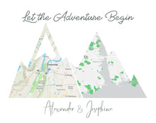 Load image into Gallery viewer, Travel Lover Gift Ideas, Custom Adventure Mountain Map, Prints of your Special Places,  Engagement Gift for Couple, 1st Anniversary Gift
