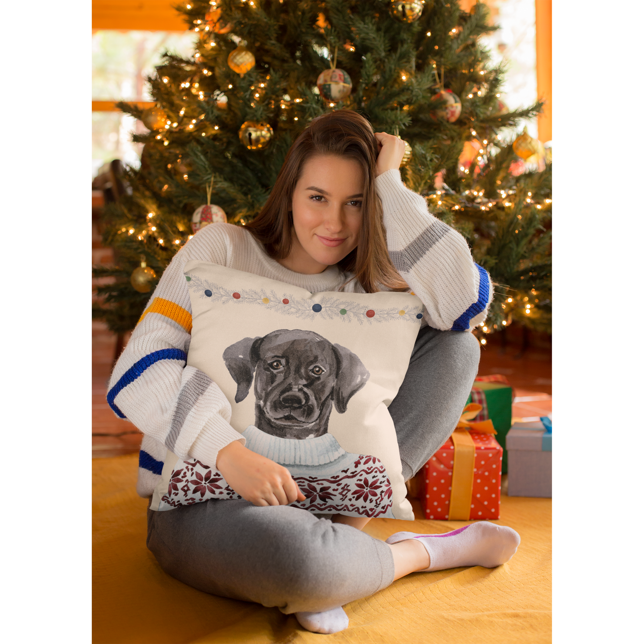 Black Lab Holiday Decor Christmas Throw Pillow Labrador
