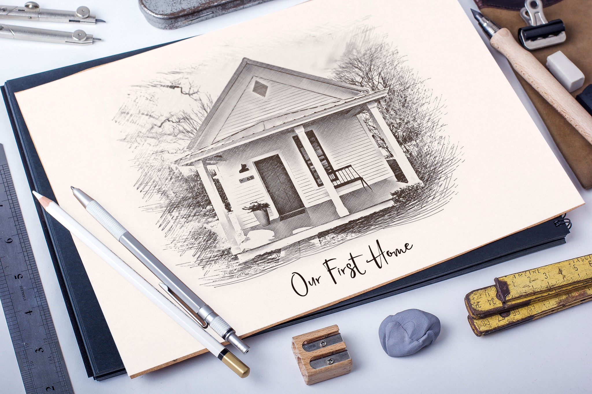 Printable Custom House Drawing/ House Sketch/ Pen and Ink House  Illustration/ Realtor Gift 