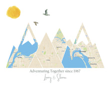 Load image into Gallery viewer, Travel Lover Gift Ideas, Custom Adventure Mountain Map, Prints of your Special Places,  Engagement Gift for Couple, 1st Anniversary Gift
