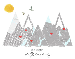 Travel Lover Gift Ideas, Custom Adventure Mountain Map, Prints of your Special Places,  Engagement Gift for Couple, 1st Anniversary Gift
