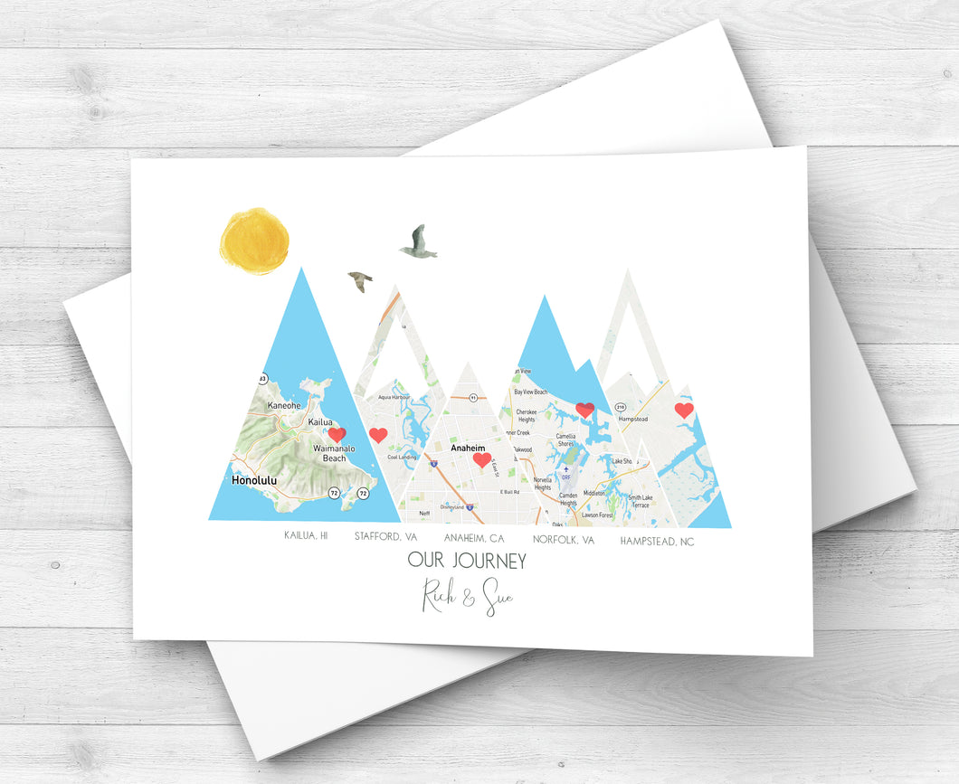 Travel Lover Gift Ideas, Custom Adventure Mountain Map, Prints of your Special Places,  Engagement Gift for Couple, 1st Anniversary Gift