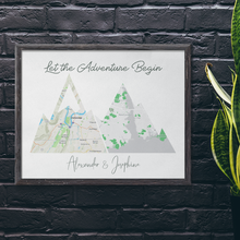 Load image into Gallery viewer, Travel Lover Gift Ideas, Custom Adventure Mountain Map, Prints of your Special Places,  Engagement Gift for Couple, 1st Anniversary Gift
