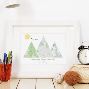 Travel Lover Gift Ideas, Custom Adventure Mountain Map, Prints of your Special Places,  Engagement Gift for Couple, 1st Anniversary Gift