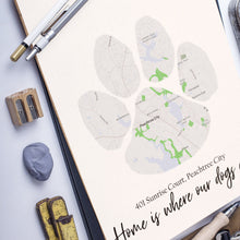 Load image into Gallery viewer, Custom Map Home in Dog Paw Print, Map Home Area Print, Personalized Map Print for Dog Lovers
