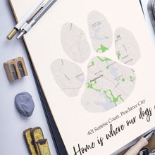 Load image into Gallery viewer, Custom Map Home in Dog Paw Print, Map Home Area Print, Personalized Map Print for Dog Lovers
