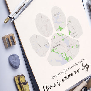 Custom Map Home in Dog Paw Print, Map Home Area Print, Personalized Map Print for Dog Lovers